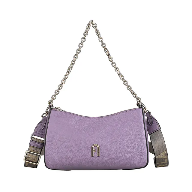 【FURLA 芙拉】FURLA PRIMULA經典拱門壓印金字LOGO粒面紋牛皮拉鍊手提斜背包(迷你/丁香紫)