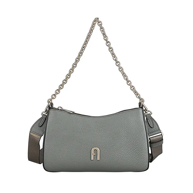 【FURLA 芙拉】FURLA PRIMULA經典拱門壓印金字LOGO粒面紋牛皮拉鍊手提斜背包(迷你/淺灰綠)