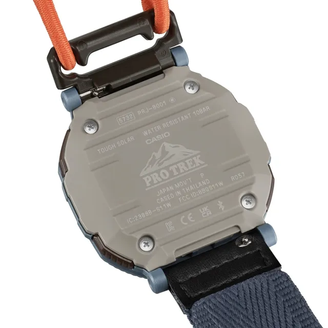 【CASIO 卡西歐】PRO TREK 超輕型 戶外時尚 旋轉錶圈 獨特彈力繩錶帶 灰藍 藍牙 太陽能 PRJ-B001B-2_46mm