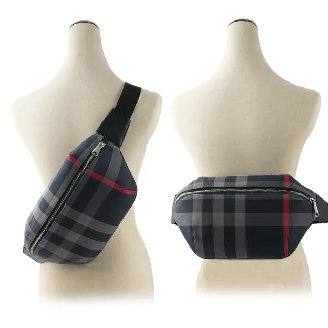 【BURBERRY 巴寶莉】經典格紋帆布 Sonny腰包(海軍藍/紅色)