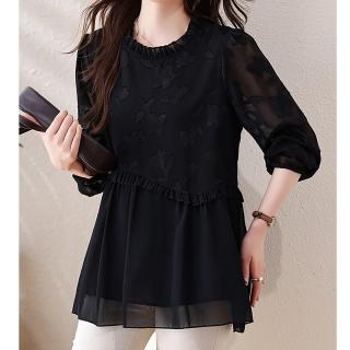 【麗質達人】379黑色假二件長袖上衣-LY(L-5XL)