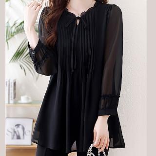 【麗質達人】5123黑色綁帶長袖上衣-LY(L-5XL)