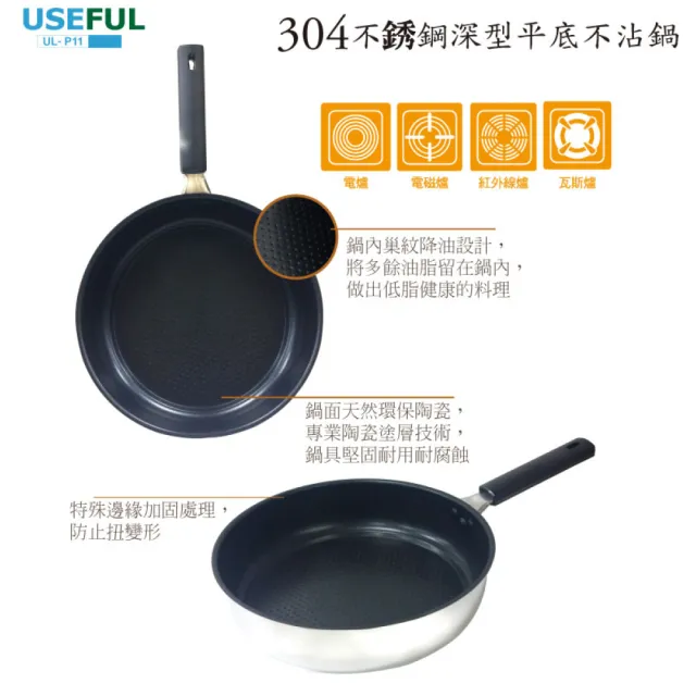 【USEFUL】30cm 台灣黑瓷 304不鏽鋼 深型平底 不沾鍋 送原木勺