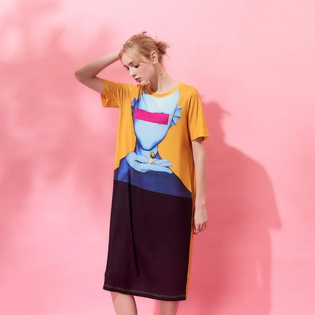 【ICHE 衣哲】Cop.Copine 法式手繪塗鴉時尚休閒系造型長版洋裝