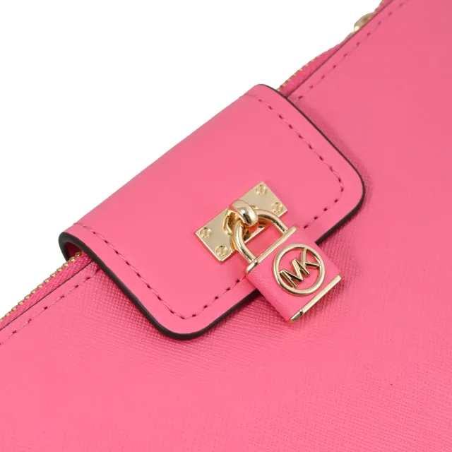 【Michael Kors】RUBY 金屬MK鎖頭釦飾多夾層拉鍊扣式斜背包(玫瑰粉)