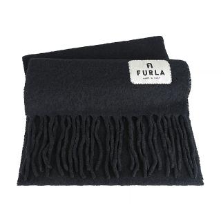 【FURLA 芙拉】FURLA Moon布標大LOGO流蘇柔軟羊毛混紡圍巾(黑)