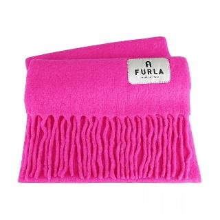【FURLA 芙拉】FURLA Moon布標大LOGO流蘇柔軟羊毛混紡圍巾(粉紅)