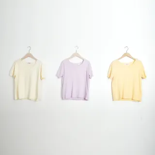 【CUMAR】手工縫珠雞心領短袖針織上衣(米 紫 黃/魅力商品)