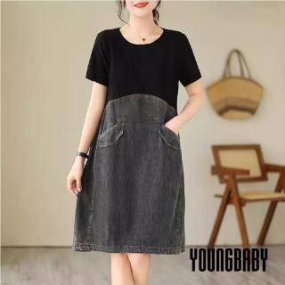 【YOUNGBABY】圓領上黑下拼接牛仔口袋洋裝 中大尺碼女裝