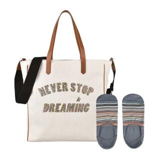 【GOLDEN GOOSE】GOLDEN GOOSE印花黑字LOGO帆布開口式肩背/斜背包(自然米/PAUL SMITH襪子)