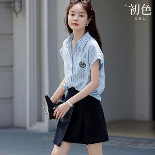【初色】韓系學院風條紋短袖襯衫上衣女上衣+不對稱顯瘦純色短裙套裝-藍底綠條紋-36819(M-2XL可選)