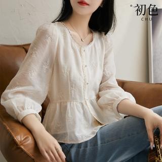 【初色】日系刺繡蕾絲花邊荷葉邊輕薄圓領七分長袖襯衫上衣女上衣-淺米色-36957(M-2XL可選)