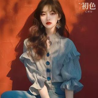 【初色】法式甜美半開領荷葉邊喇叭袖七分袖襯衫上衣女上衣-條紋-36967(M-XL可選)