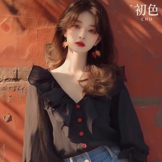 【初色】韓系純色V領荷葉邊雪紡長袖襯衫上衣女上衣-黑色-36963(M-XL可選)