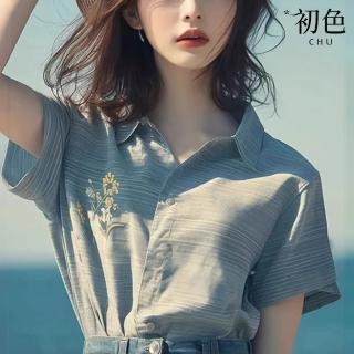 【初色】文藝刺繡休閒條紋百搭翻領短袖襯衫上衣女上衣-藍色-36953(M-2XL可選)