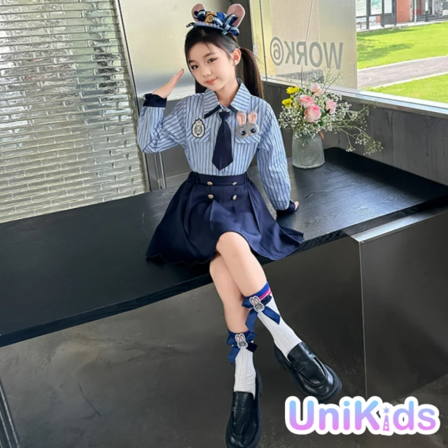 UniKids 中大童裝2件套裝長袖條紋襯衫百褶裙 JK學院風 女大童裝 CV8815(三簡套)