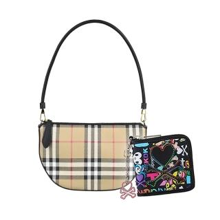【BURBERRY 巴寶莉】BURBERRY OLYMPIA復古格紋塗層帆布飾小牛皮拉鍊肩揹包(小/典藏米/TOKIDOKI短夾)