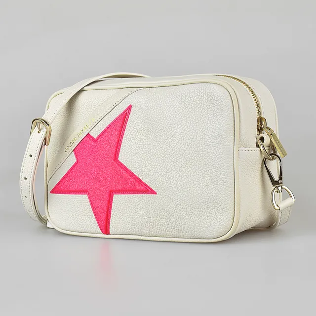 【GOLDEN GOOSE】GOLDEN GOOSE Star燙金字LOGO小牛皮粉紅星星圖案拉鍊斜背相機包(白/TOKIDOKI拉鍊短夾)