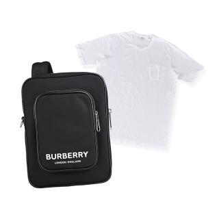 【BURBERRY 巴寶莉】BURBERRY KIERAN黑字印花LOGO尼龍拉鍊斜揹包(黑/ASPESI短T)