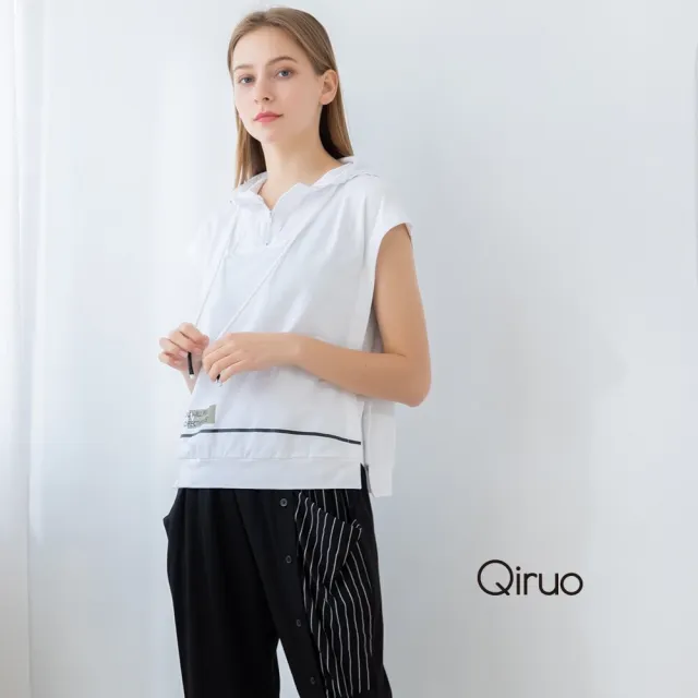 【Qiruo 奇若名品】厚棉 連帽背心拉鍊式 下擺滾黑線白色上衣8132A