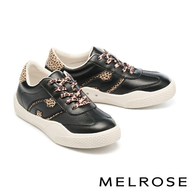 【MELROSE】美樂斯 時髦率性豹紋布拼接牛皮QQ厚底休閒鞋(黑)