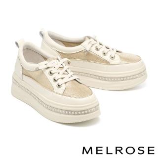 【MELROSE】美樂斯 輕奢日常珍珠閃鑽真皮懶人厚底休閒鞋(金)