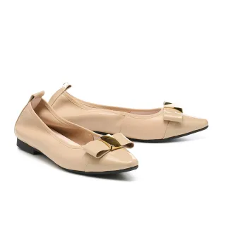 【MELROSE】美樂斯 輕甜蝴蝶結金屬釦真皮小方頭Q軟娃娃低跟鞋(米)