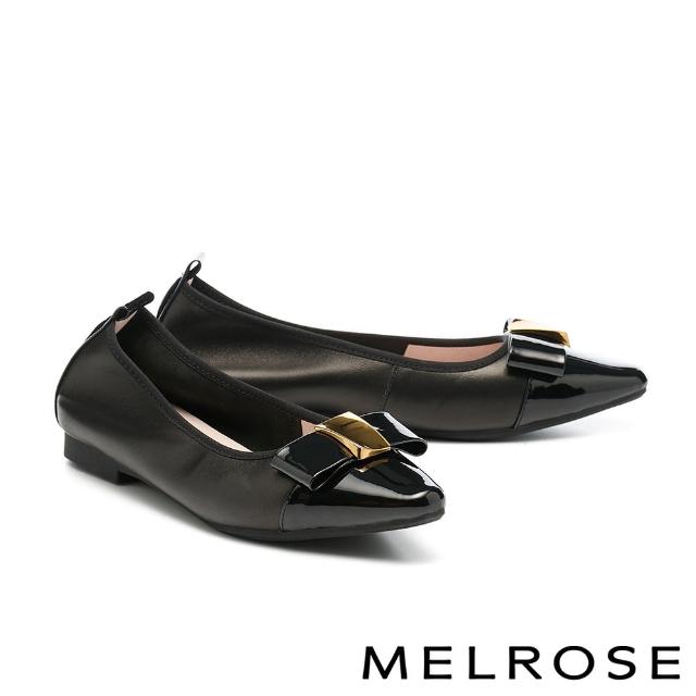 【MELROSE】雙11 美樂斯 輕甜蝴蝶結金屬釦真皮小方頭Q軟娃娃低跟鞋(黑)