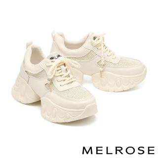 【MELROSE】美樂斯 率性甜酷珍珠鑽釦網布拼接牛皮厚底休閒鞋(白)