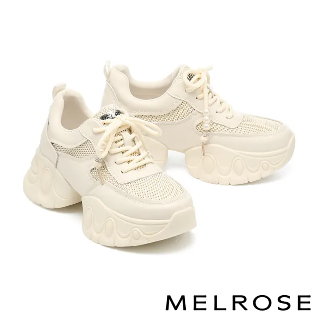 【MELROSE】雙11 美樂斯 率性甜酷珍珠鑽釦網布拼接牛皮厚底休閒鞋(白)