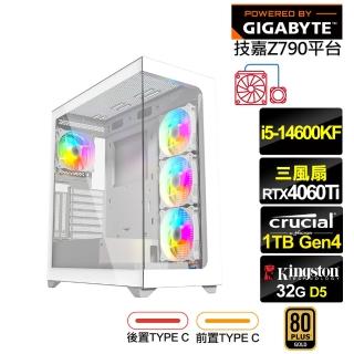 【技嘉平台】i5十四核GeForce RTX 4060TI{獨角獸K19C}水冷電競電腦(i5-14600KF/Z790/32G/1TB)