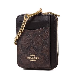 【COACH】緹花LOGO鍊帶證件零錢包-咖啡色