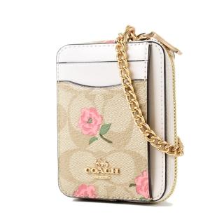 【COACH】玫瑰緹花LOGO防刮鍊帶證件零錢包-白色