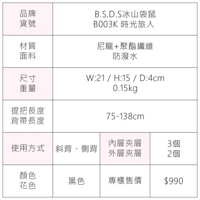 【冰山袋鼠】時光旅人 - 知性橫式三層斜背小包 - 黑色(B003K)