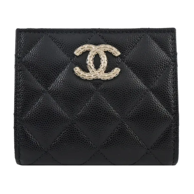 【CHANEL 香奈兒】經典雙C壓紋LOGO小牛皮對開短夾(黑色)