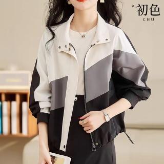 【初色】慵懶風寬鬆顯瘦拼接拉鍊抽繩短版風衣夾克長袖外套女外套-拚色-36859(M-2XL可選)
