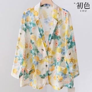 【初色】碎花印花輕薄防曬遮陽寬鬆西裝領長袖西裝外套女外套-黃花-36979(M-2XL可選)