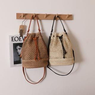 【巴黎精品】現貨+預購 草編包手提包渡假風單肩側揹包大容量流蘇編織包(斜背水桶鏤空束口女包包2色a1hb35)
