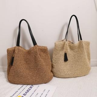 【巴黎精品】現貨+預購 草編包手提包渡假風單肩側揹包大容量流蘇編織包(法式復古黑流蘇女包包2色a1hb42)