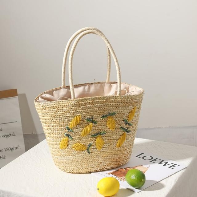 【巴黎精品】現貨+預購 草編包手提藤編包(刺繡檸檬肩背束口女包包a1hb46)
