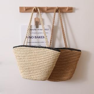 【巴黎精品】現貨+預購 草編包手提藤編包(簡約黑邊復古水桶包女包包2色a1hb63)
