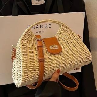 【巴黎精品】現貨+預購 草編包手提包渡假風單肩側揹包大容量流蘇編織包(鎖扣斜背時尚包女包包2色a1hb19)