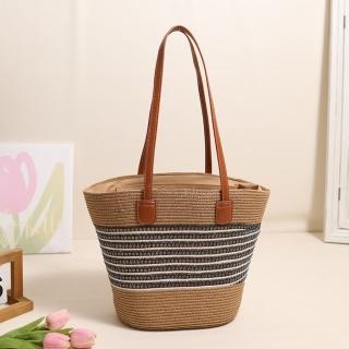 【巴黎精品】現貨+預購 草編包手提包渡假風單肩側揹包大容量流蘇編織包(鏤空條紋女包包3色a1hb21)