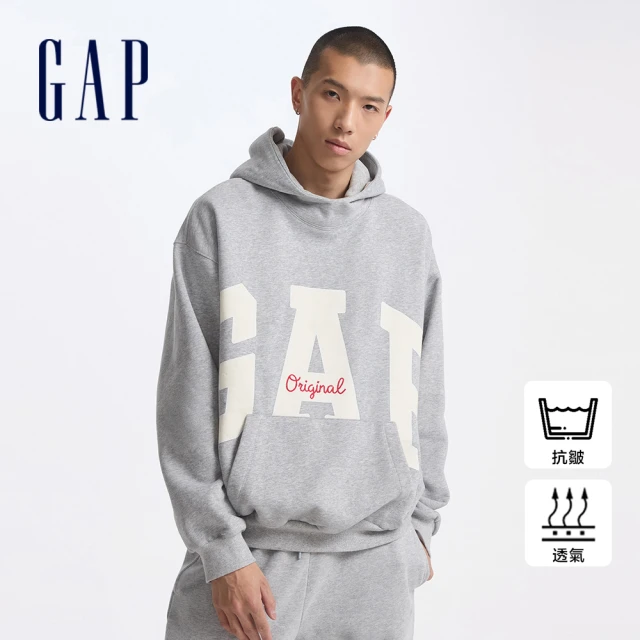 GAP 男裝 Logo印花刷毛帽T 碳素軟磨系列-淺灰色(637863)