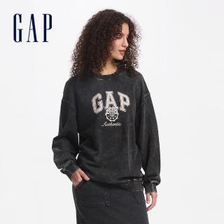 【GAP】女裝 Logo純棉印花圓領大學T-黑色(637902)