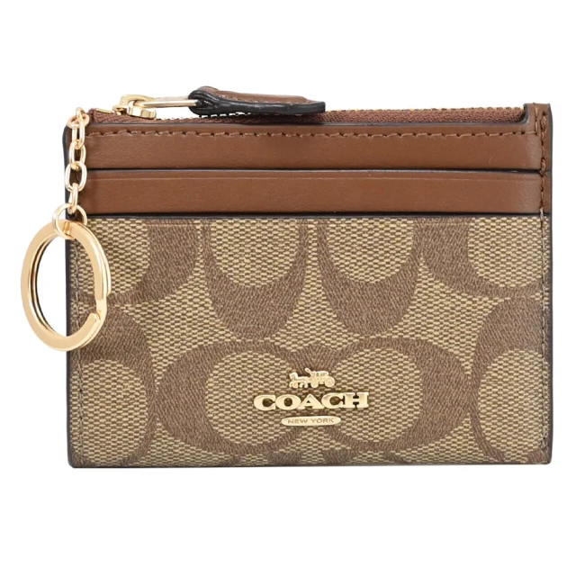 COACH 經典C字印花拼接信用卡證件名片鑰匙零錢包(駝/咖)