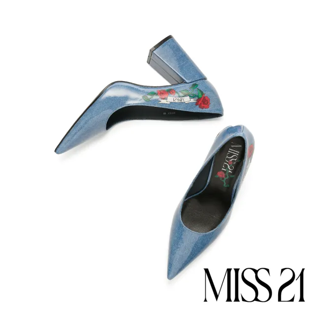 【MISS 21】叛逆搖滾少女丹寧玫瑰花LOGO全真皮尖頭高跟鞋(藍)