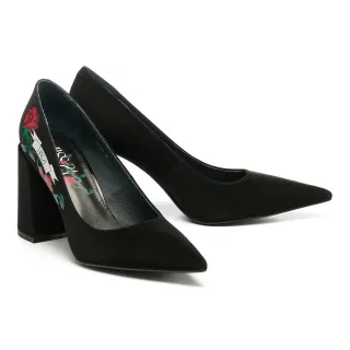 【MISS 21】叛逆搖滾少女玫瑰花LOGO全真皮純色尖頭高跟鞋(黑)