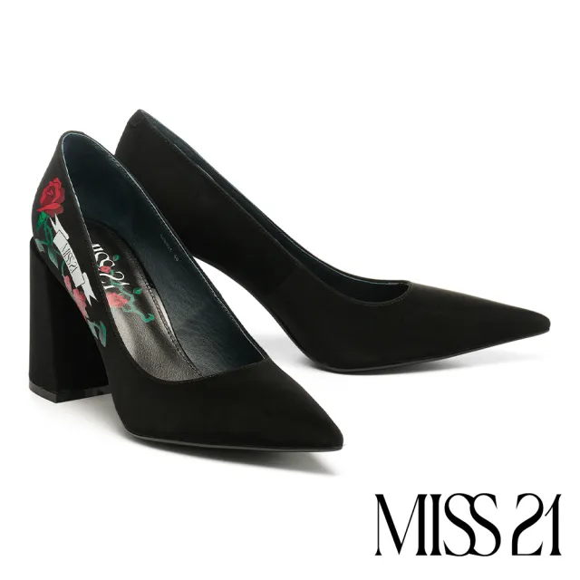 【MISS 21】叛逆搖滾少女玫瑰花LOGO全真皮純色尖頭高跟鞋(黑)