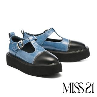 【MISS 21】復古少女丹寧拼接T字帶魔鬼氈瑪莉珍厚底鞋(藍)